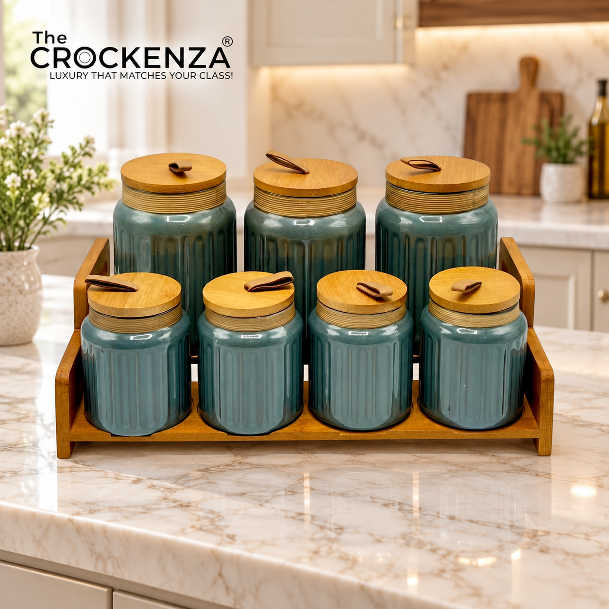 7-Piece Ceramic Kitchen Jar Set with Airtight Wooden Lids & Stand