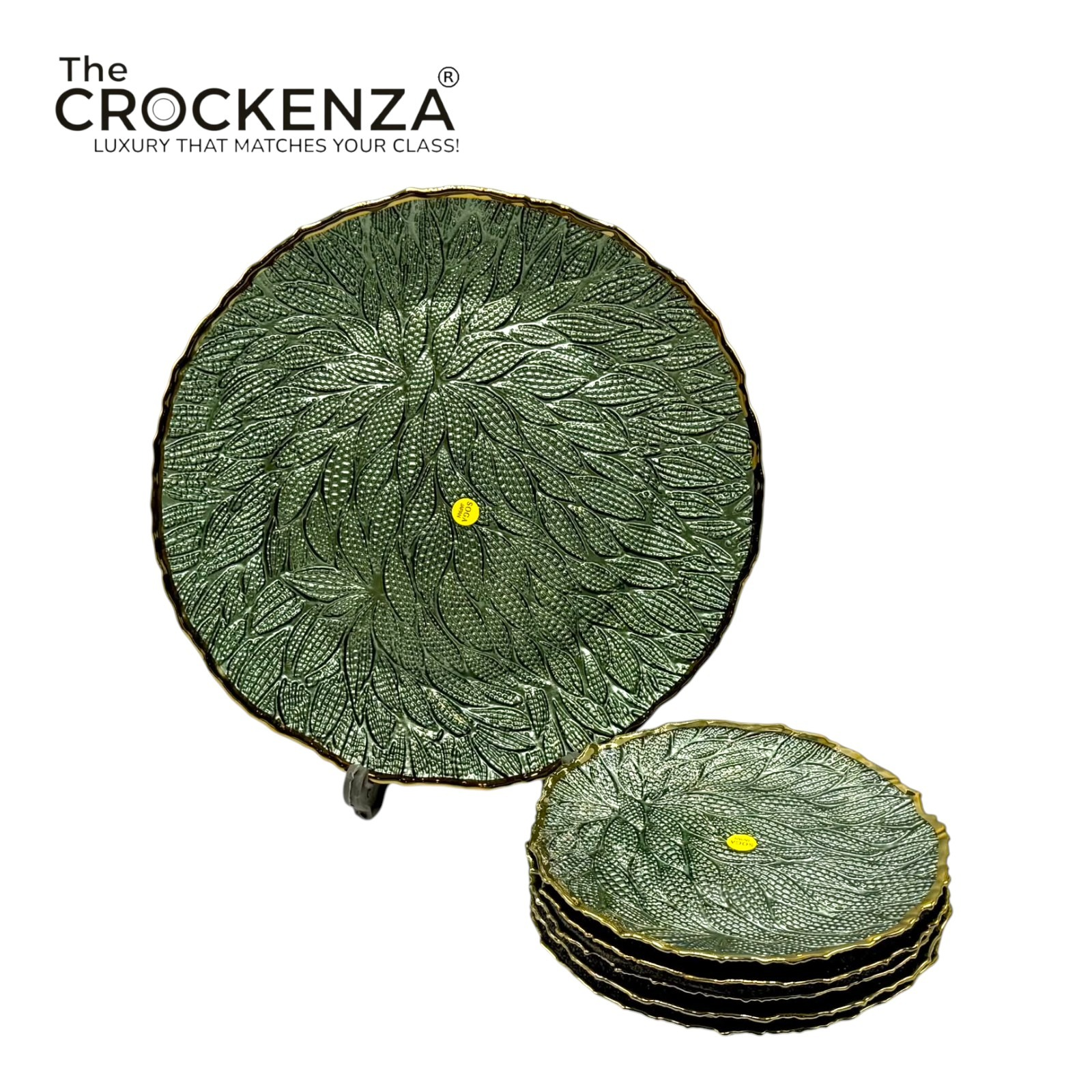 7-Piece Luxury Emerald Green Textured Glass Cake & Fruit Serving Set with Gold Rim – 1 Large & 6 Small Plates