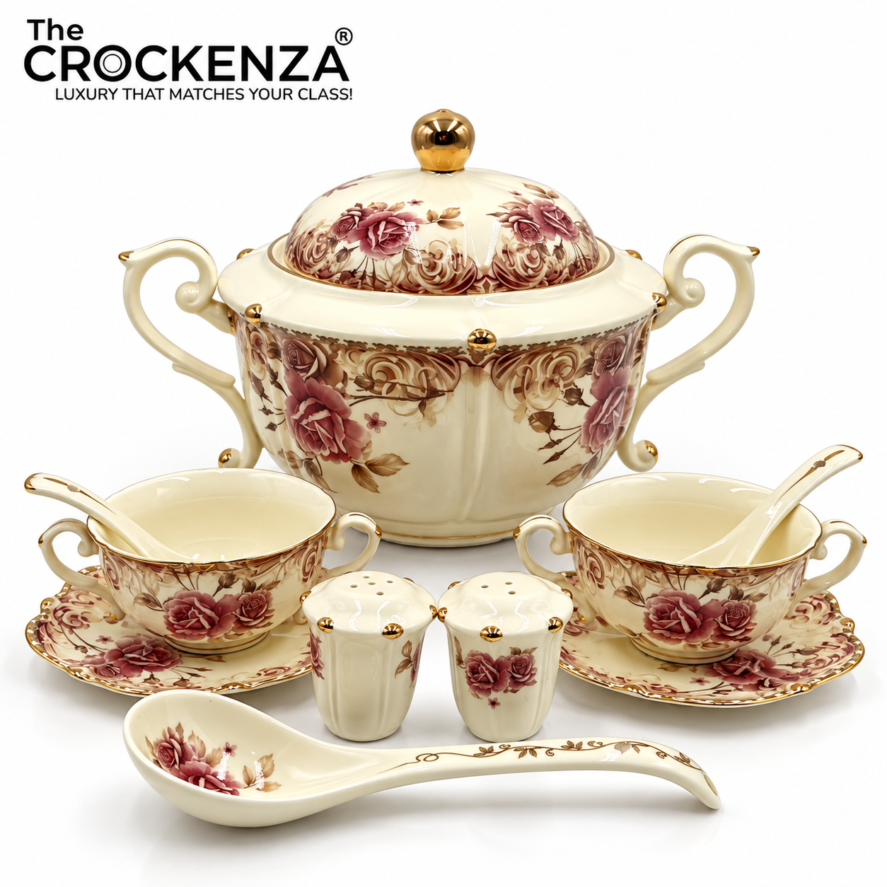 Imported Royal Albert Inspired 23-Piece Floral Soup Set with Gold Trim