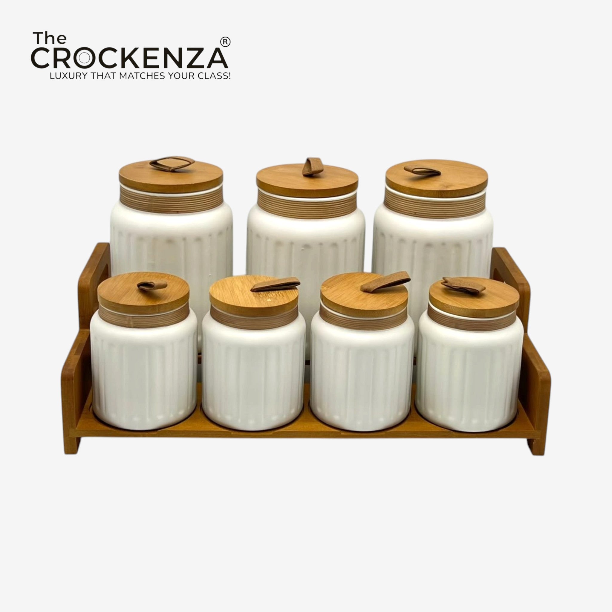 7-Piece Ceramic Airtight Jar Set with Wooden Lids & Storage Tray