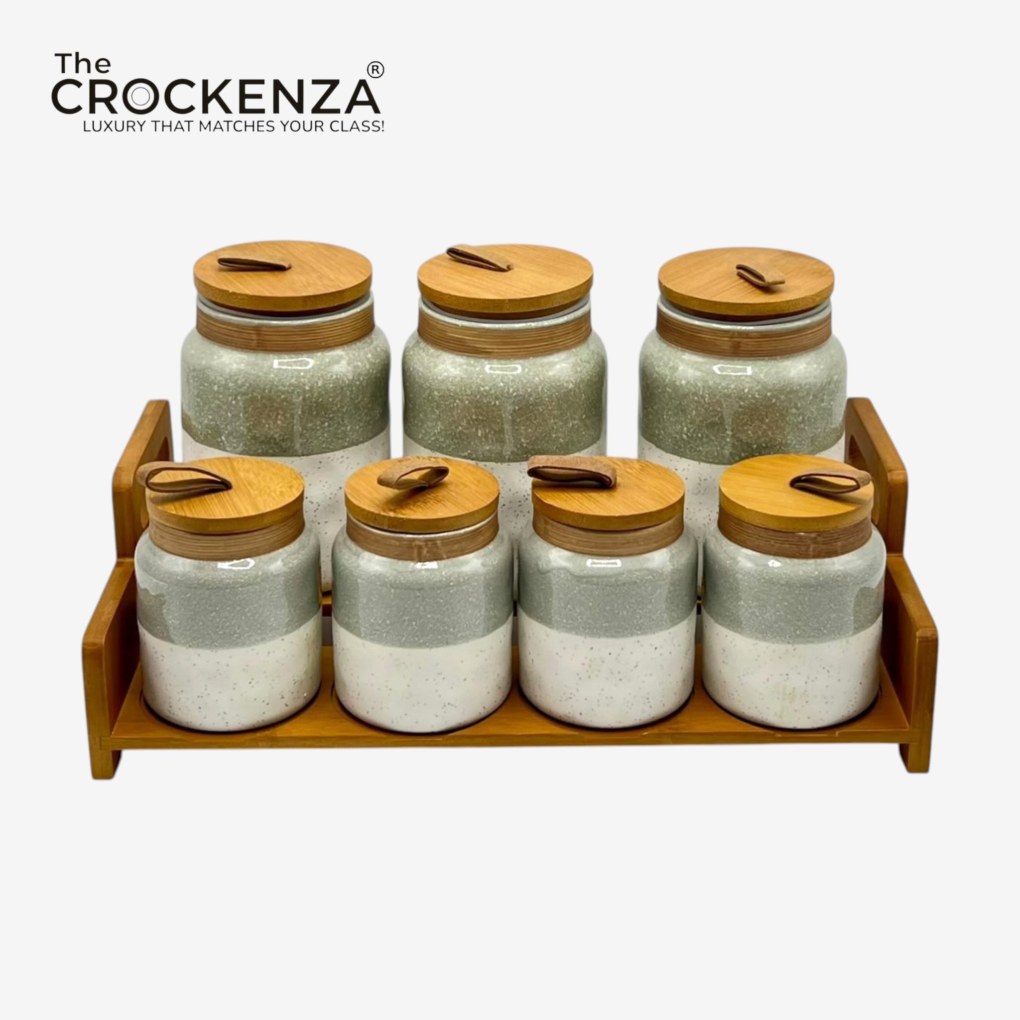 7-Piece Ceramic Airtight Jar Set with Wooden Lids & Storage Tray