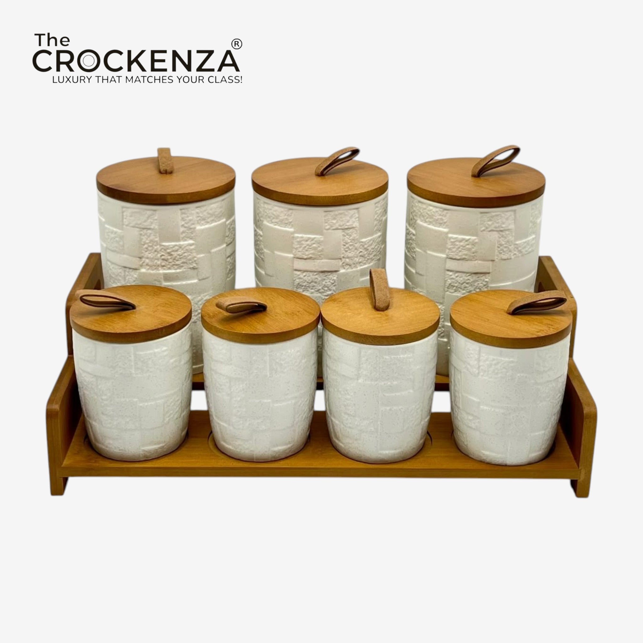 7-Piece Ceramic Airtight Jar Set with Wooden Lids & Storage Tray