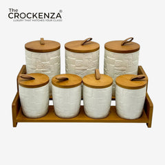 7-Piece Ceramic Airtight Jar Set with Wooden Lids & Storage Tray