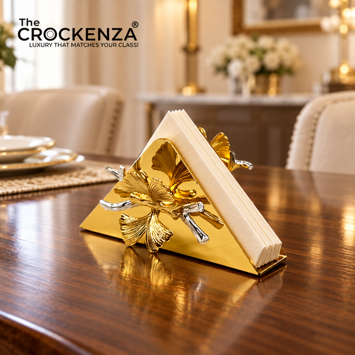 Luxury Gold Napkin Holder Stand with Ginkgo Leaf Design