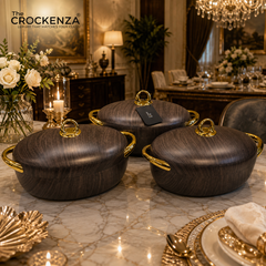 Imported Forever Gold Oval Hot Pot Set – Dark wooden textures - Set of 3 (2/2.5 & 3Litres)