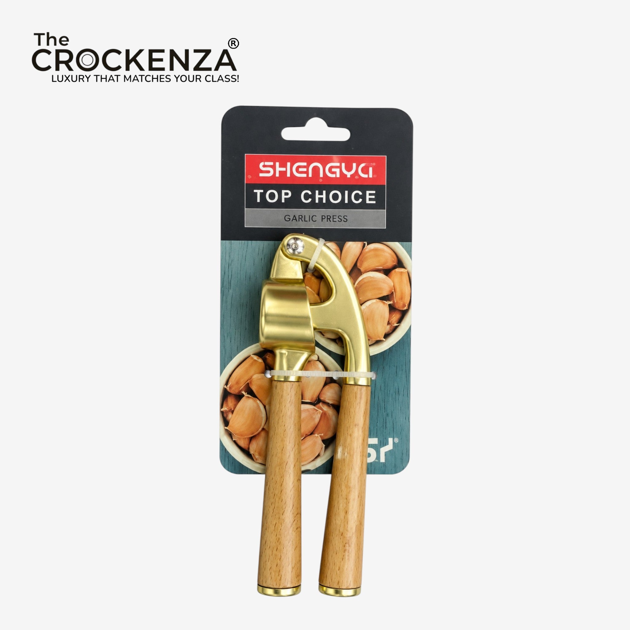 Premium Golden Garlic Press with Wooden Handles – Heavy Duty Manual Garlic Crusher for Kitchen Use