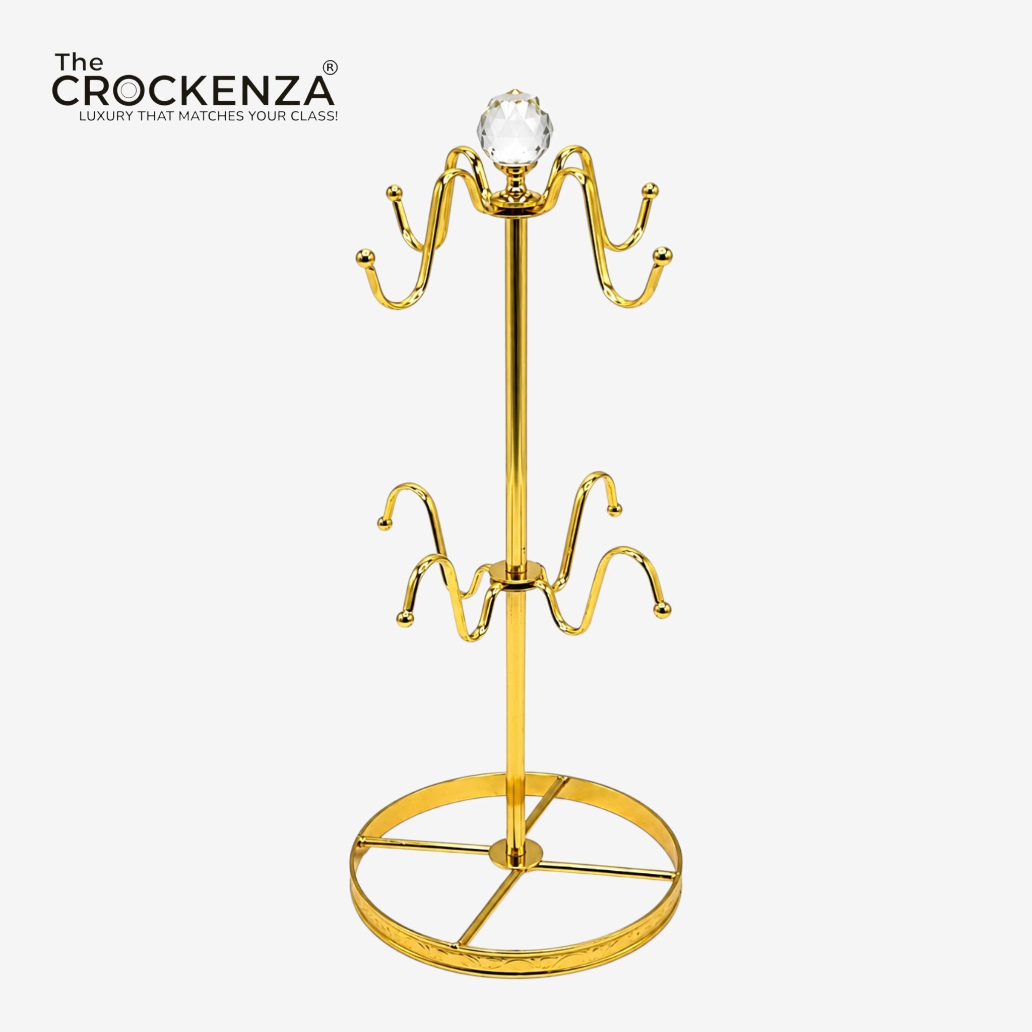 Luxury Gold Metal Cup Holder Stand with Crystal Top | Premium Coffee Mug & Tea Cup Organizer Rack