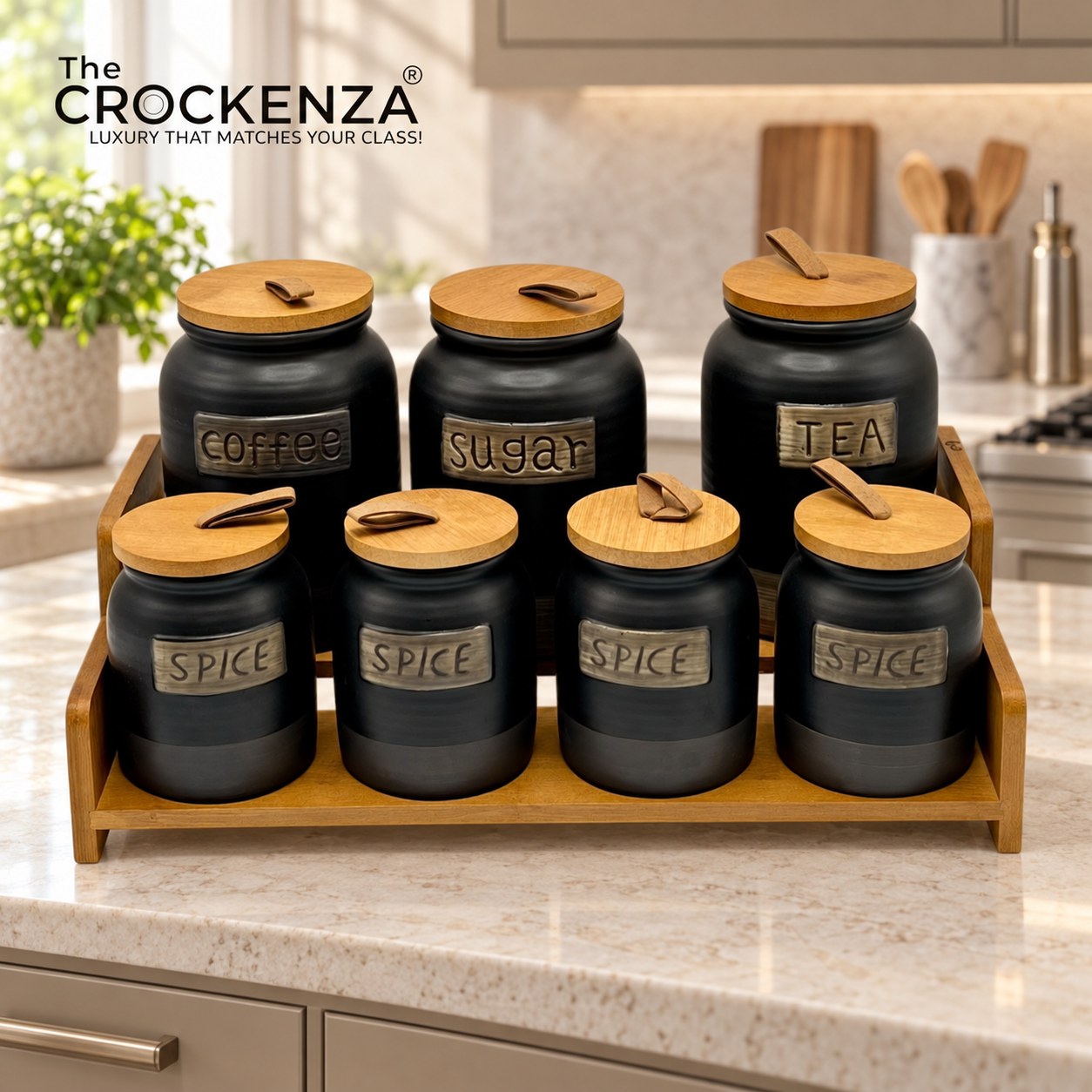 7-Piece Ceramic Airtight Jar Set with Wooden Lids & Storage Tray