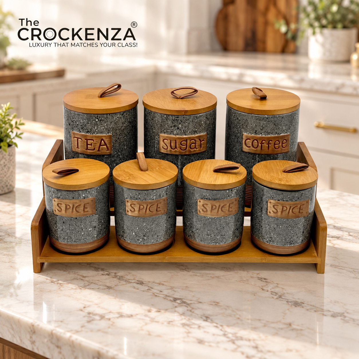 7-Piece Ceramic Airtight Jar Set with Wooden Lids & Storage Tray