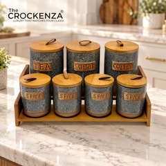 7-Piece Ceramic Airtight Jar Set with Wooden Lids & Storage Tray