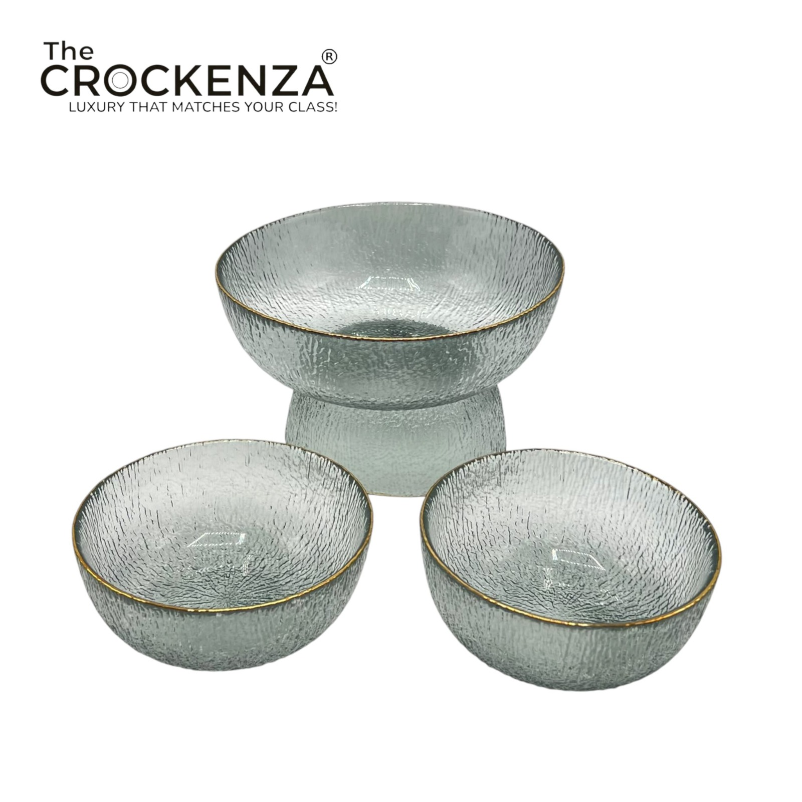 Luxury 7-Piece Clear Textured Glass Bowl Set with Gold Rim – 1 Large & 6 Small Serving Bowls
