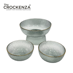 Luxury 7-Piece Clear Textured Glass Bowl Set with Gold Rim – 1 Large & 6 Small Serving Bowls