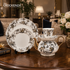 Royal Albert Inspired Luxury 24-Piece Super Bone China Floral Tea Set with Gold Accents