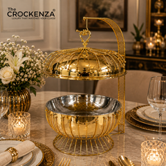 8L Luxury Golden Stainless Steel Buffet Dish with Hanging Lid – Premium Large Capacity Serving Dish