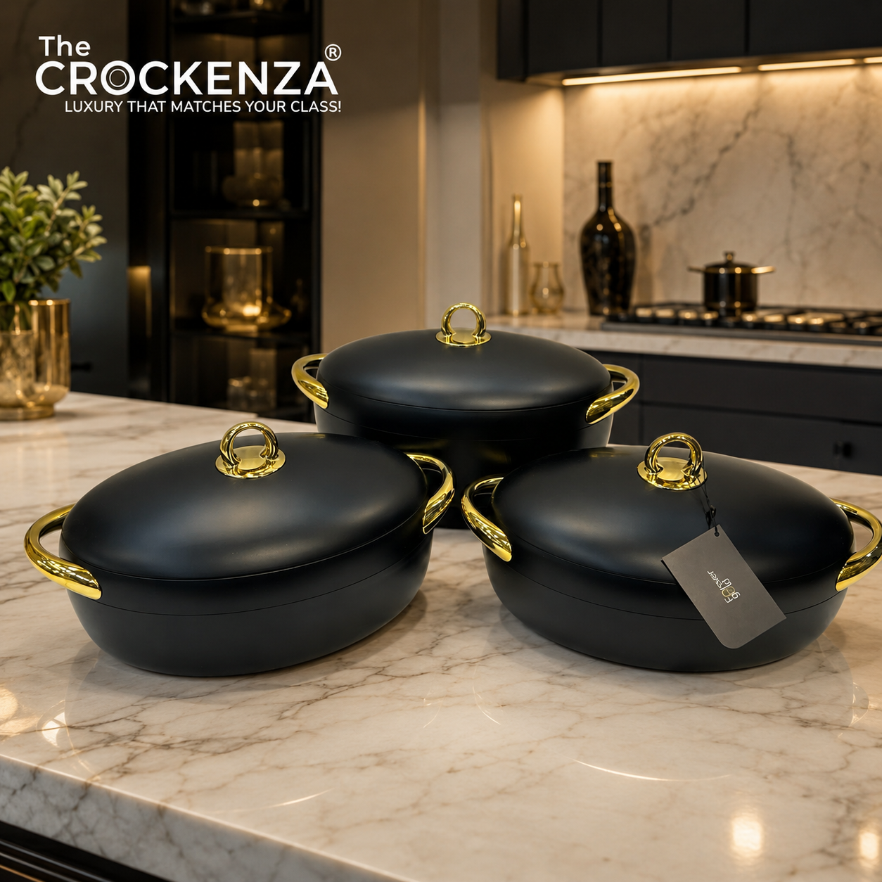 Imported Forever Gold Luxury Hot Pot Set – 3 Piece Insulated Casserole Set (2L, 2.5L & 3L) | Elegant Black & Gold