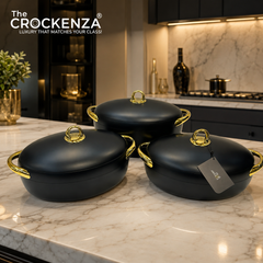 Imported Forever Gold Luxury Hot Pot Set – 3 Piece Insulated Casserole Set (2L, 2.5L & 3L) | Elegant Black & Gold
