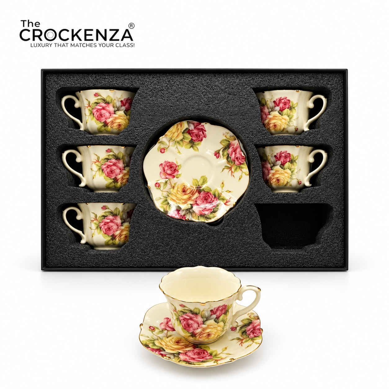 Luxury 12 Pcs Floral Cup & Saucer Set with Gold Handles – Premium Porcelain Tea Cups