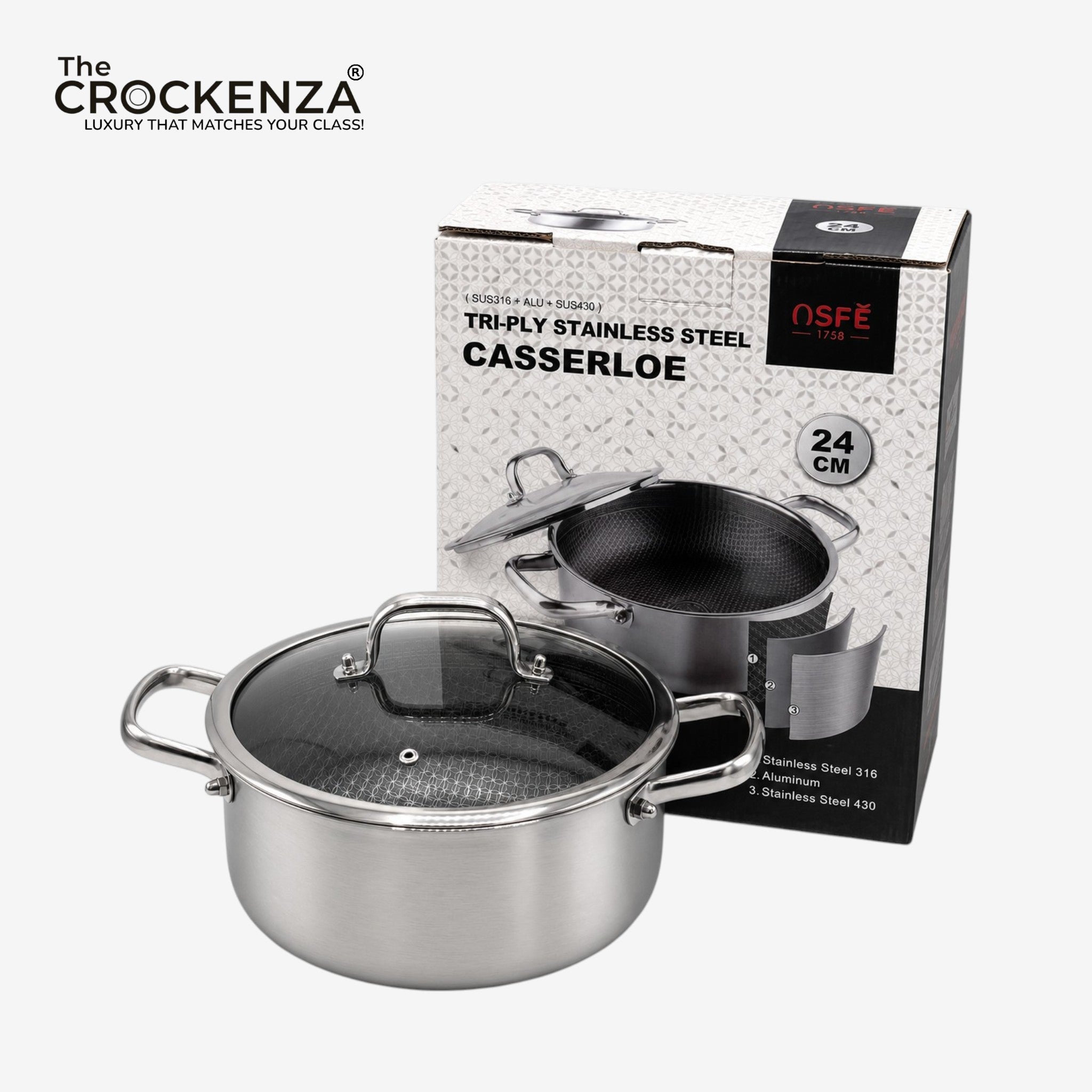 OSFE 24CM Tri-Ply Stainless Steel Casserole with Glass Lid – Premium Cooking Pot