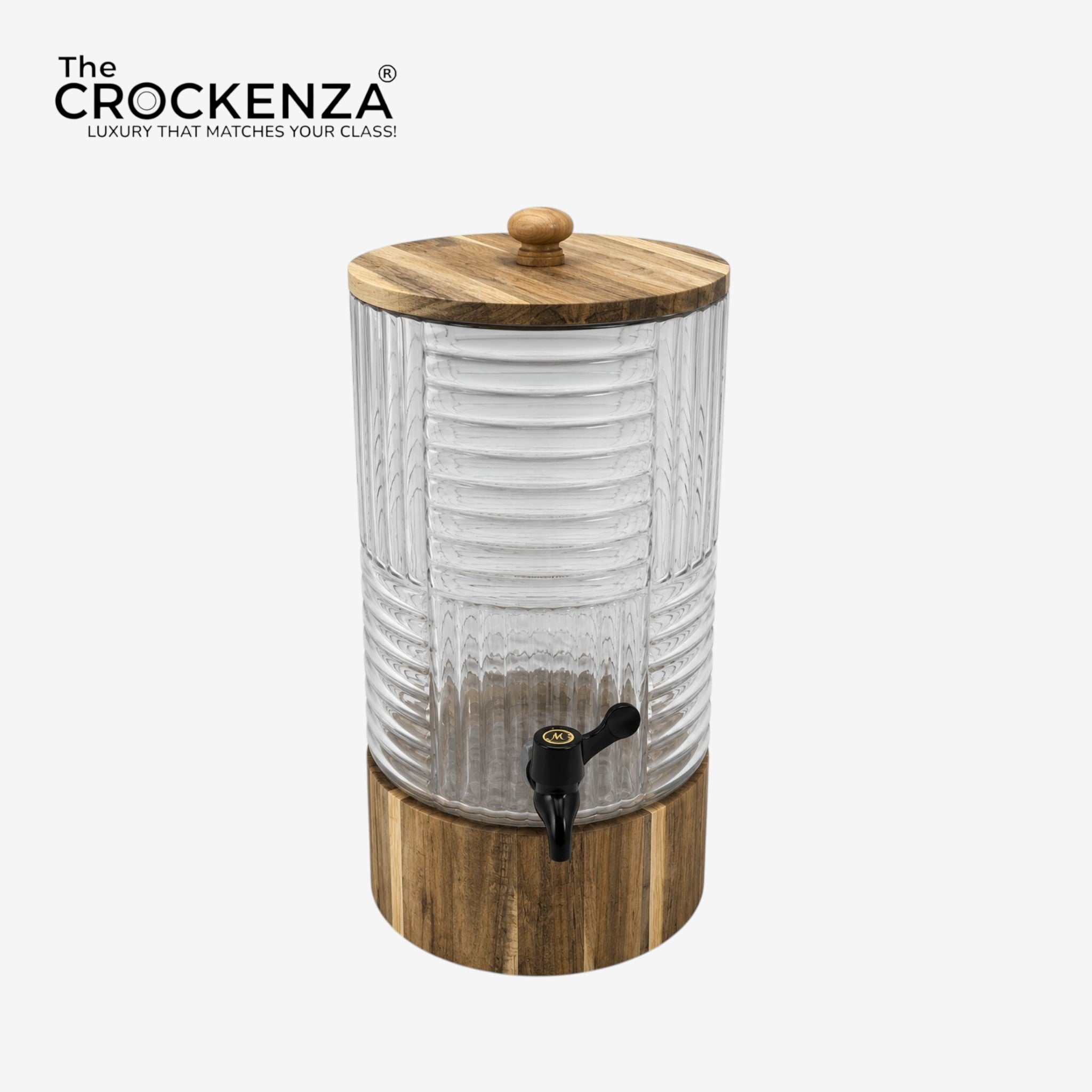 Luxury Glass Beverage Dispenser with Wooden Lid & Stand (3L & 4L) – Premium Ribbed Drink Server with Tap for Water, Juice & Parties