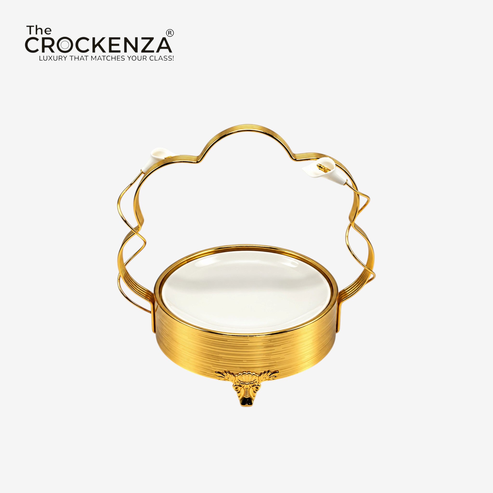 Imported Luxury Gold & White Ceramic Serving Platter with Decorative Stand – Small Size