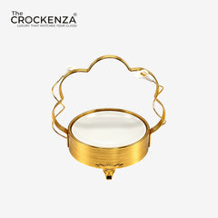Imported Luxury Gold & White Ceramic Serving Platter with Decorative Stand – Small Size