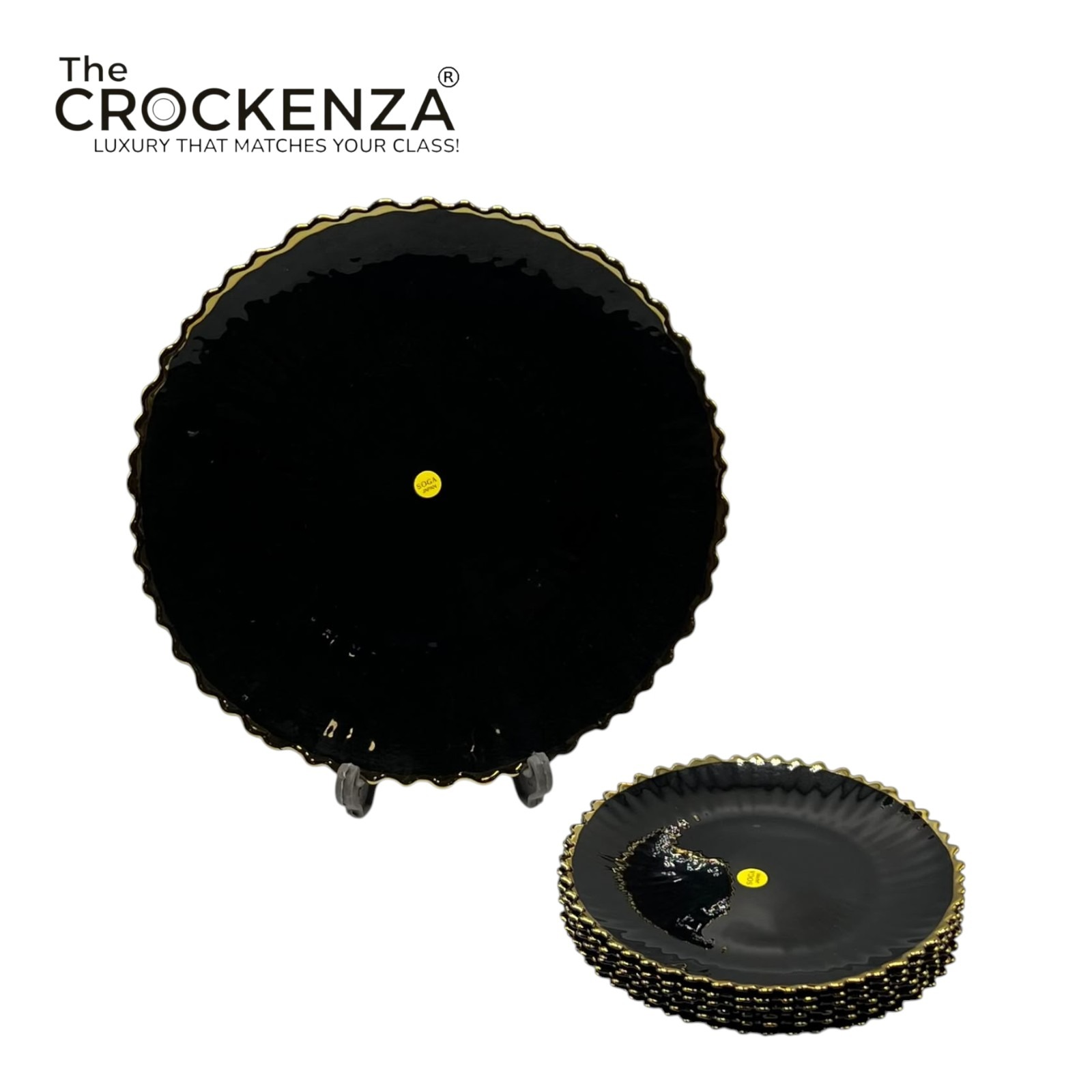 Luxury 7-Piece Black & Gold Glass Cake Set – Premium Scalloped Serving & Dessert Plates