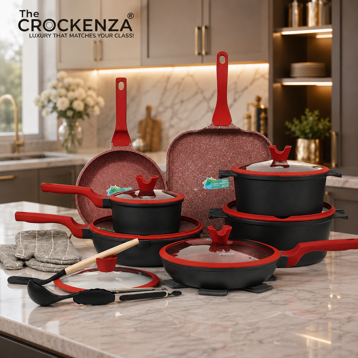 Imported DONNOR RELLY 21-piece PFOA Free Granite-coated Never-Stick Cookware Set - Black & Red