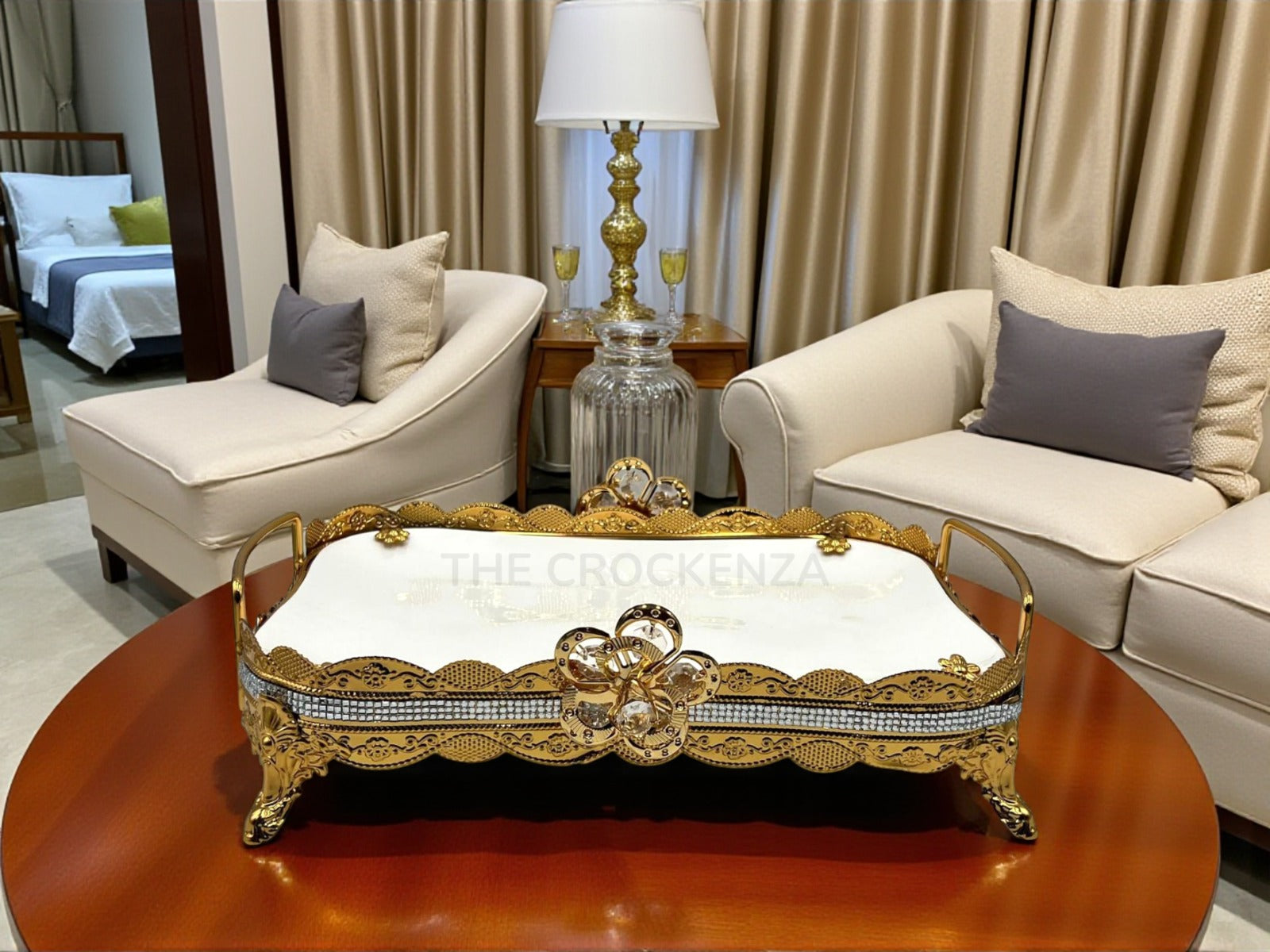 Premium Gold-Plated Decorative Platter | Imported Rectangular Serving Tray