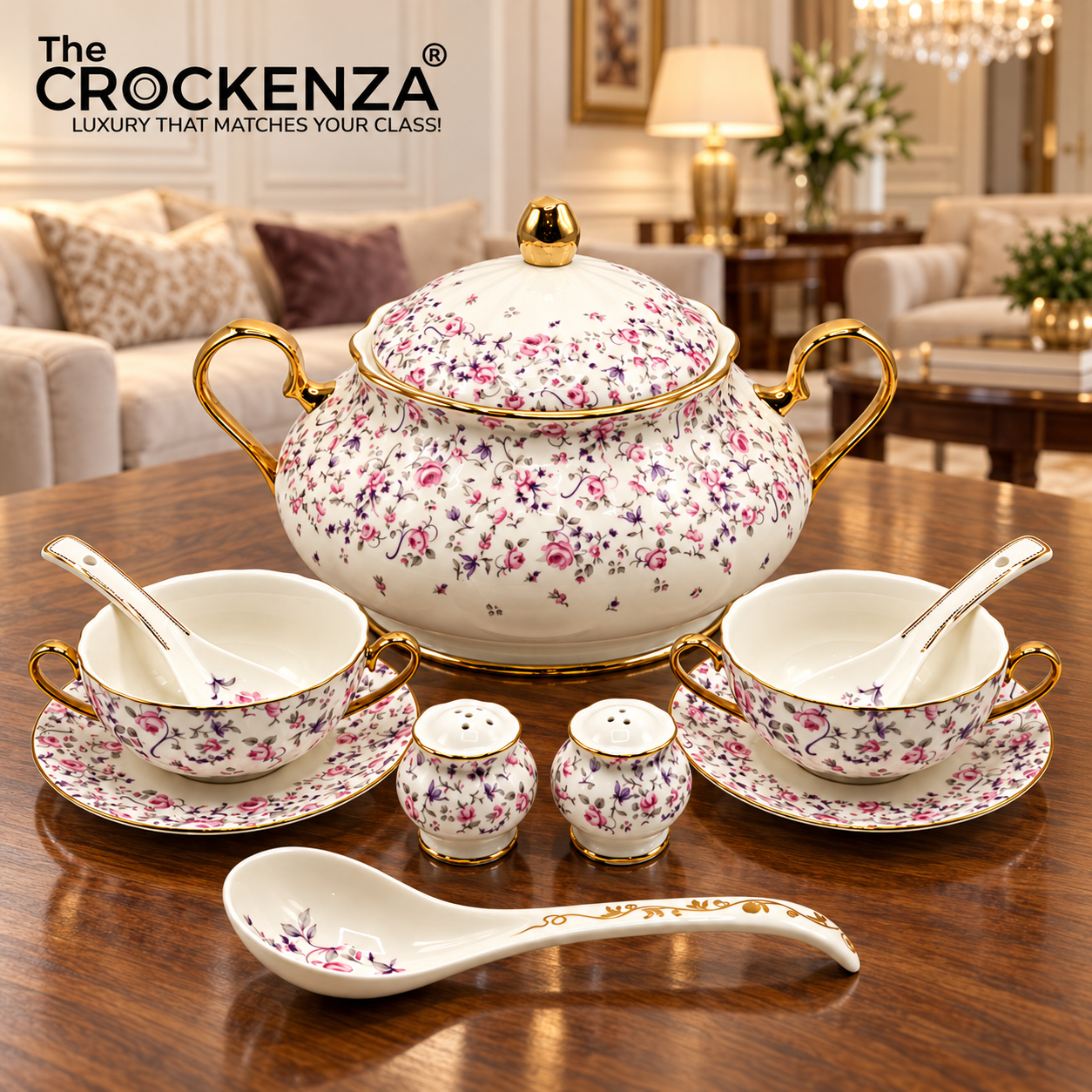 Imported Royal Albert Inspired 23-Piece Floral Soup Set with Gold Trim