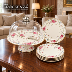 Royal Albert–Inspired 9-Pcs Bone China Cake Set | Floral Elegance Acrylic with Dome