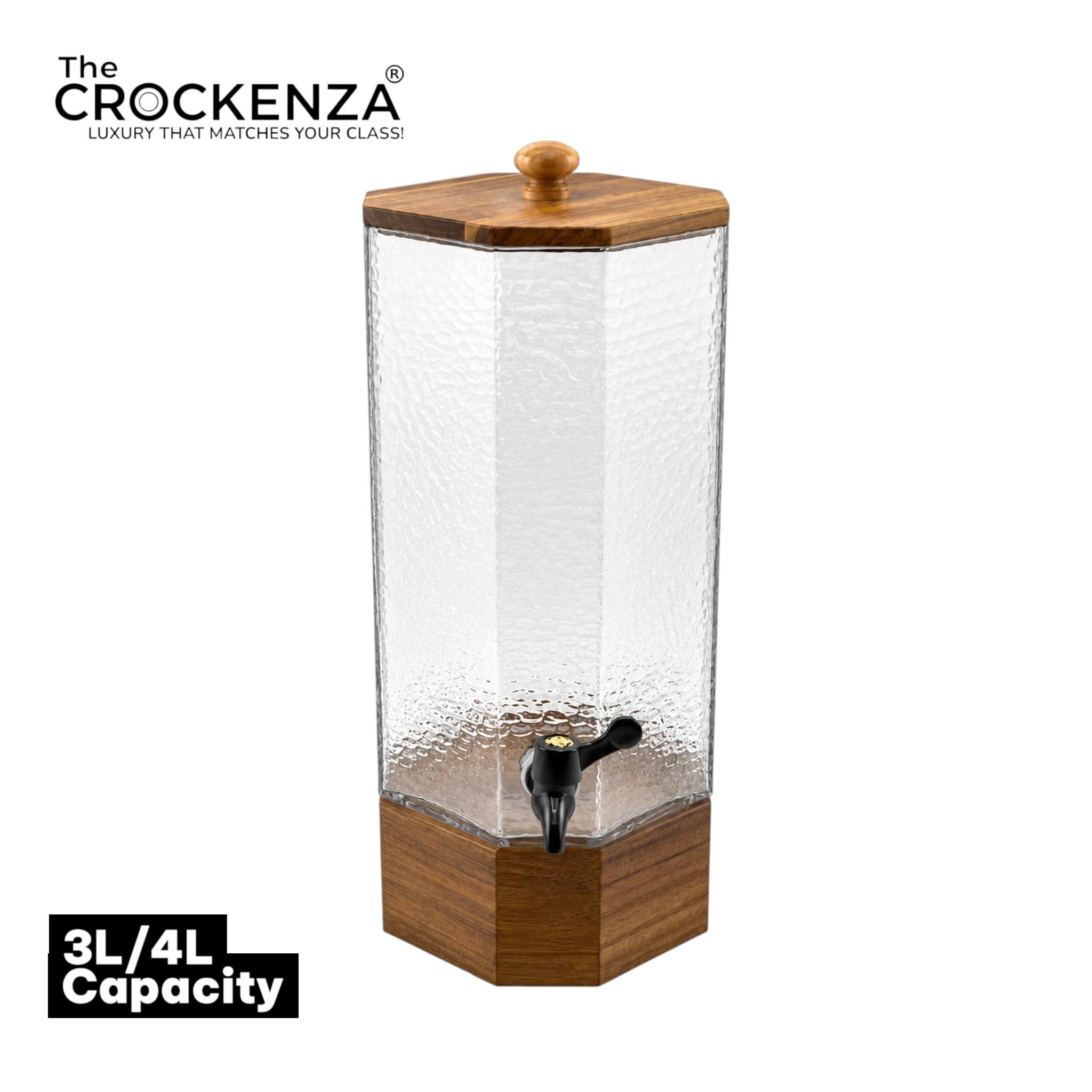Luxury Glass Beverage Dispenser with Wooden Lid & Stand (3L & 4L) – Premium Ribbed Drink Server with Tap for Water, Juice & Parties