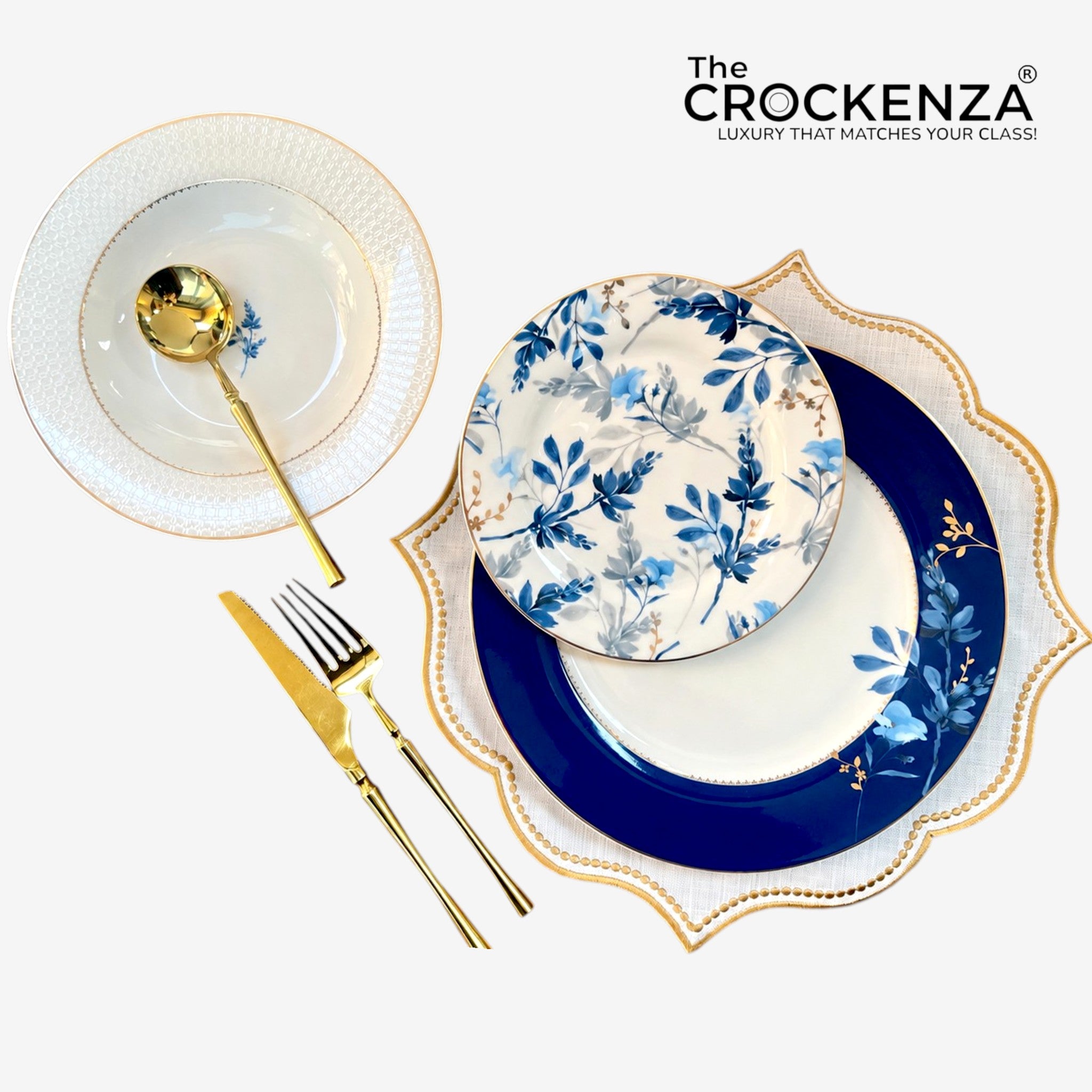 Luxury Sapphire & Gold Accented 18-Piece Johnson Bros inspired Bone China Plate Set