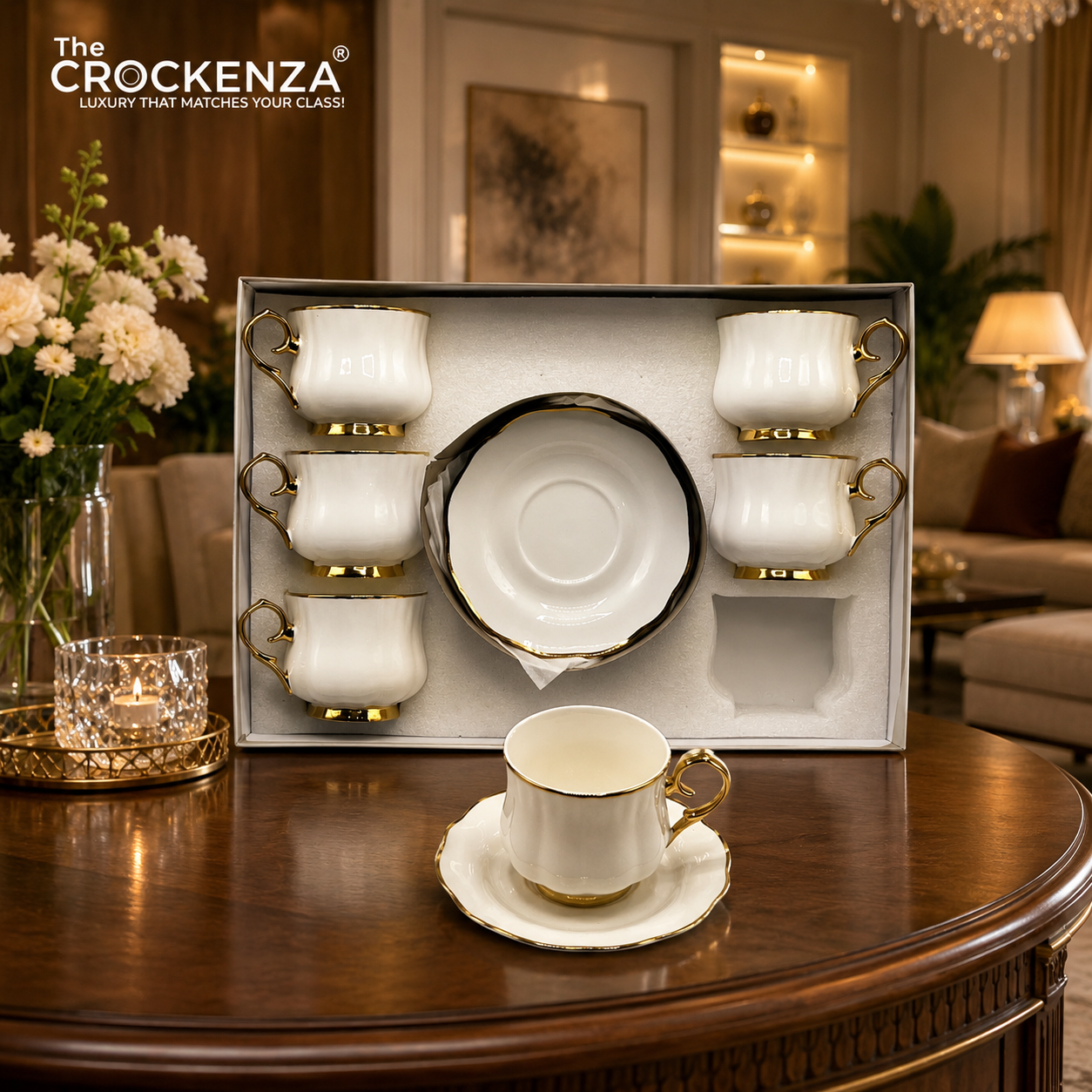 Luxury White Porcelain Tea Cup & Saucer Set – 12 Pcs Elegant Coffee Cups Set for Home, Office & Gift