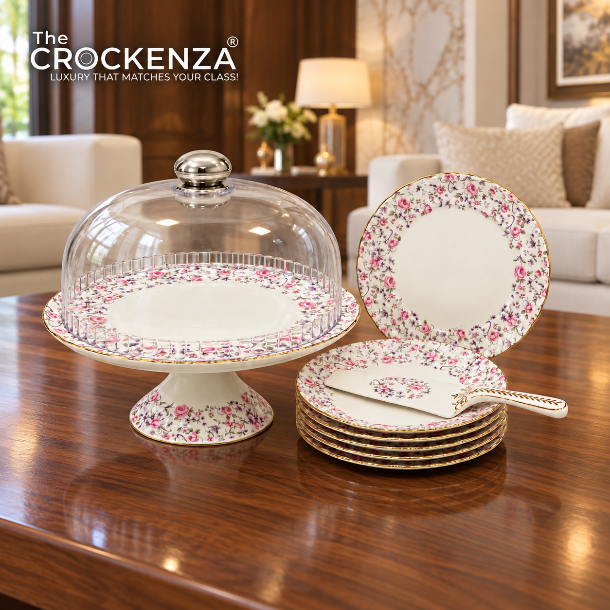 Royal Albert–Inspired 9-Pcs Bone China Cake Set | Floral Elegance with Acrylic Dome