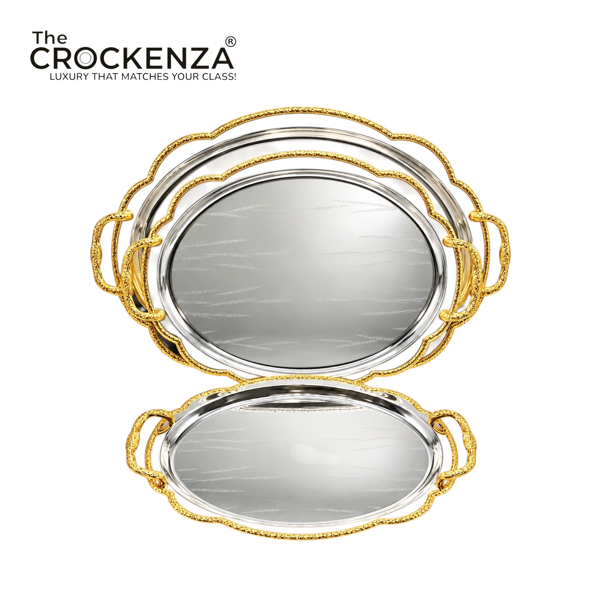 Luxury 3 Pcs Stainless Steel Serving Tray Set – Mirror Polish Finish with Gold Handles