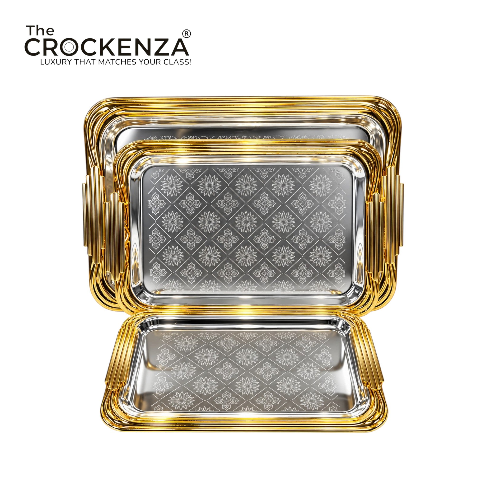 Luxury 3 Pcs Stainless Steel Serving Tray Set – Mirror Polish Finish with Elegant Handles