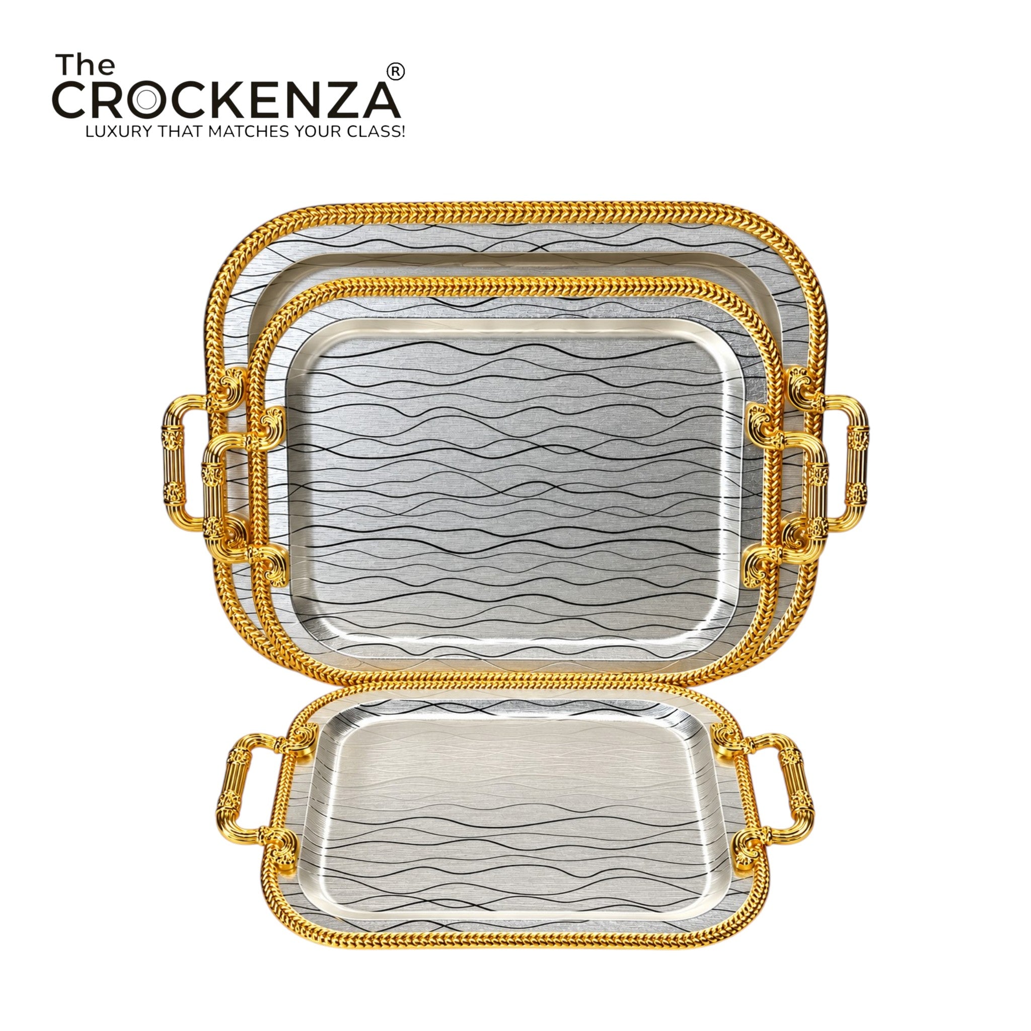 Luxury 3 Pcs Stainless Steel Serving Tray Set – Mirror Polish Finish with Gold Handles