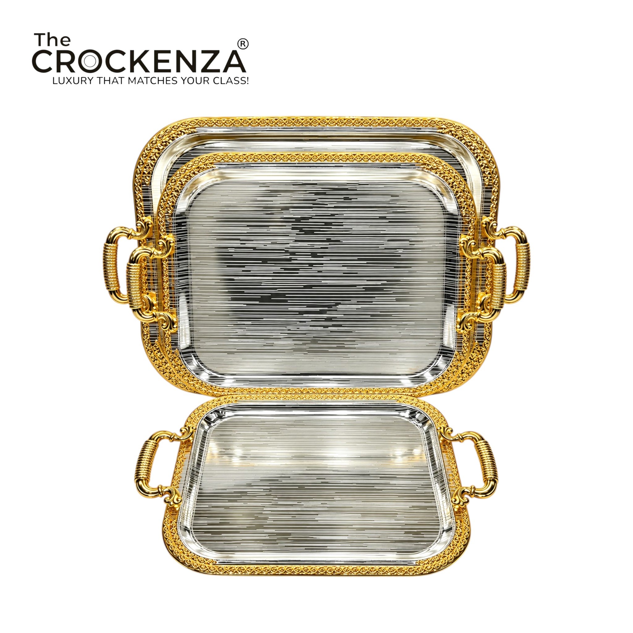 Luxury 3 Pcs Stainless Steel Serving Tray Set – Mirror Polish Finish with Elegant Handles