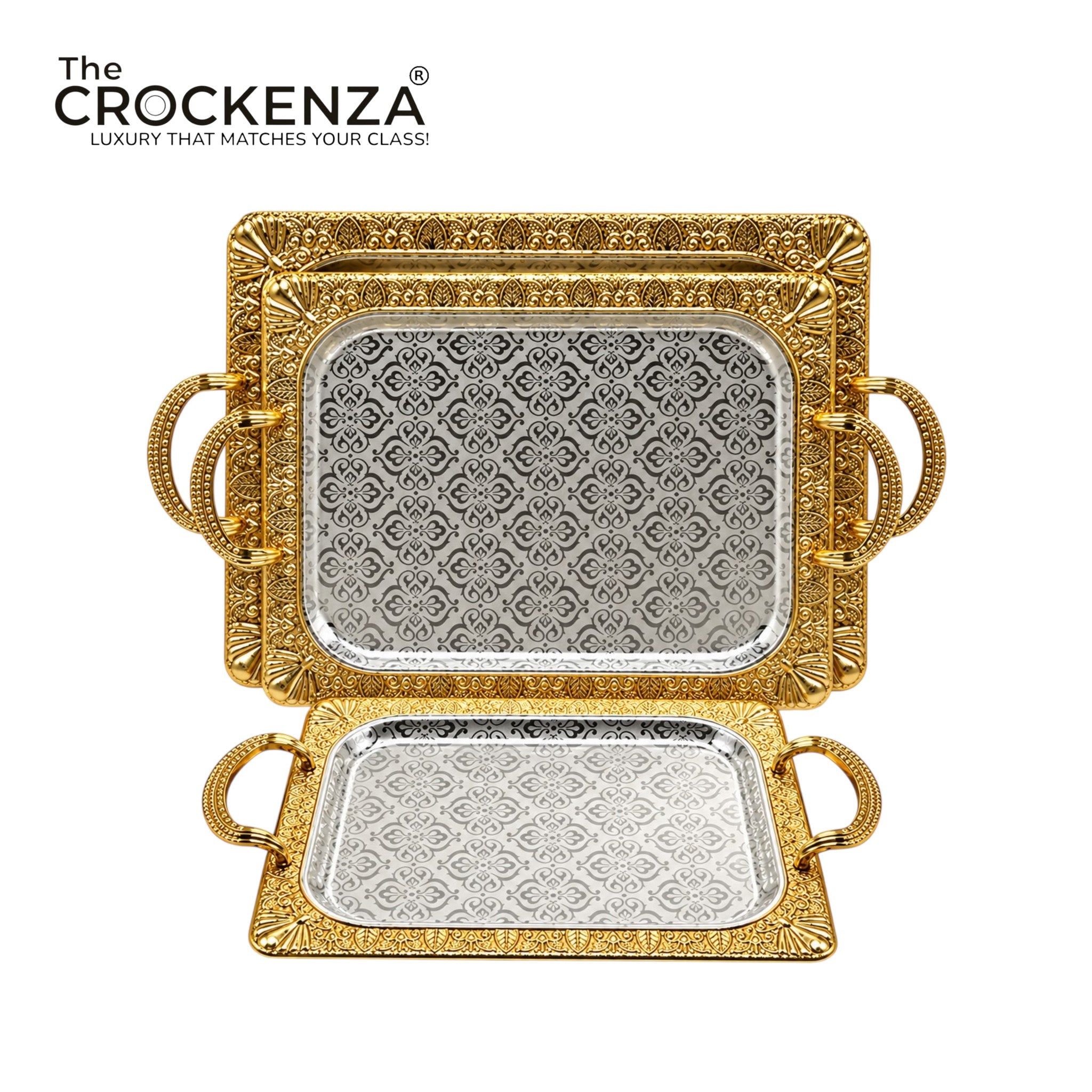 Luxury Silver Metal Serving Tray Set with Handles (3 Pcs) | Decorative Mirror Finish Trays G-06