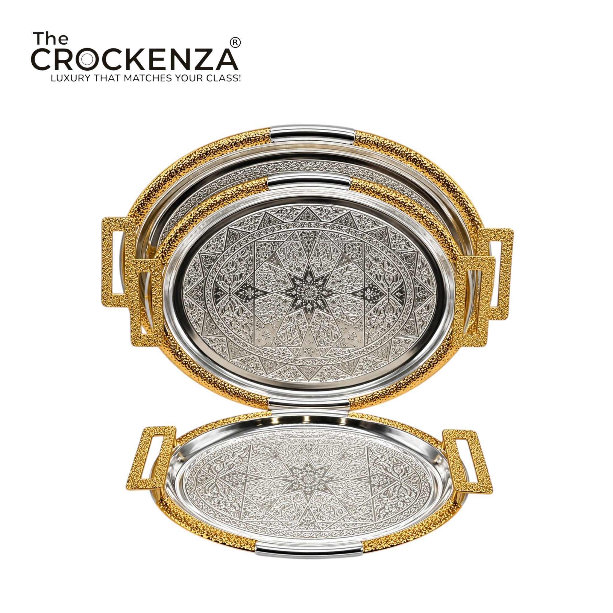 Premium Silver Metal Serving Tray Set (3 Pcs) | Elegant Decorative & Serving Trays G-12
