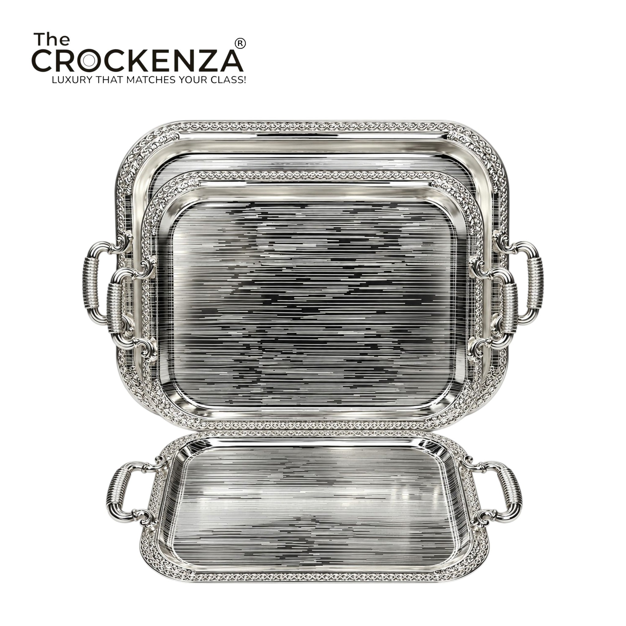 Luxury 3 Pcs Stainless Steel Serving Tray Set – Mirror Polish Finish with Elegant Handles