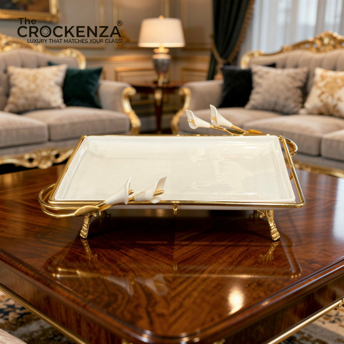 Royal Calla Lily Luxury Ceramic Serving Platter with Gold-Plated Stand - Rectangular