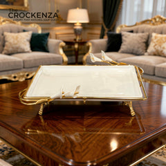 Royal Calla Lily Luxury Ceramic Serving Platter with Gold-Plated Stand - Rectangular