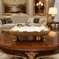 Luxury White Ceramic and Gold Filigree Serving Platter | Centerpiece Tray