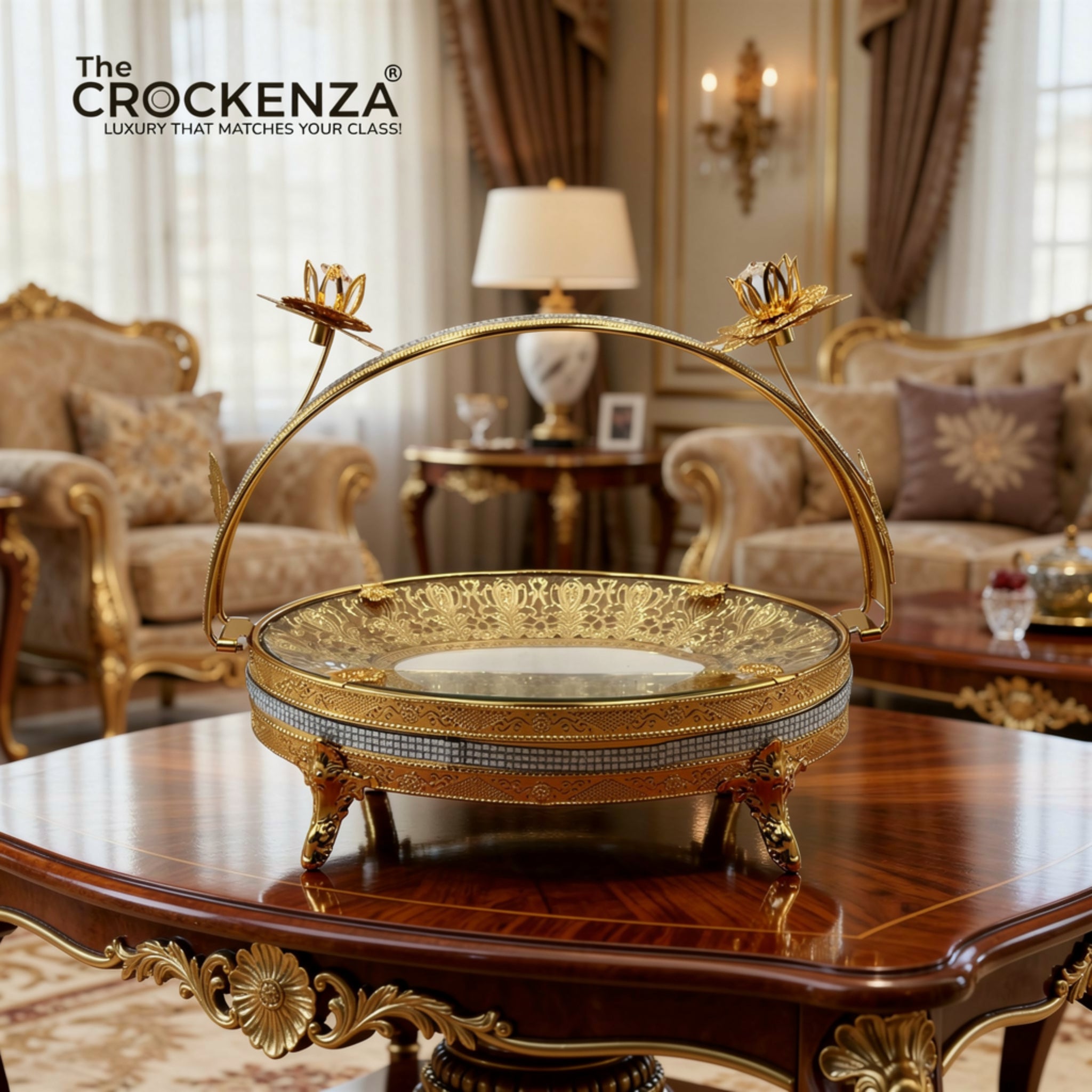 Luxury Golden Serving Platter with Handle | Decorative Metal Tray for Table Decor