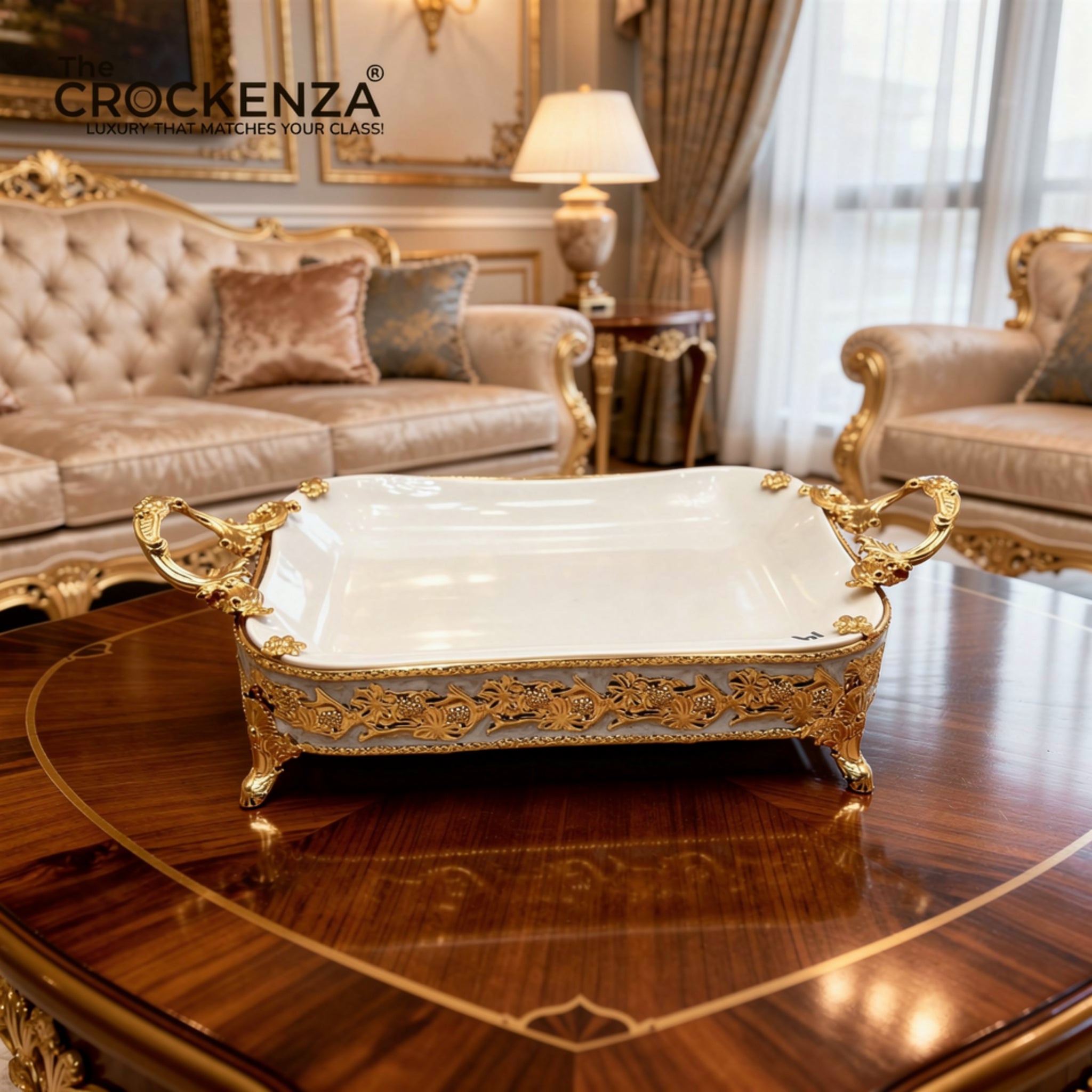 Luxury Golden Platter with Handles | Elegant Decorative Rectangular Serving Tray