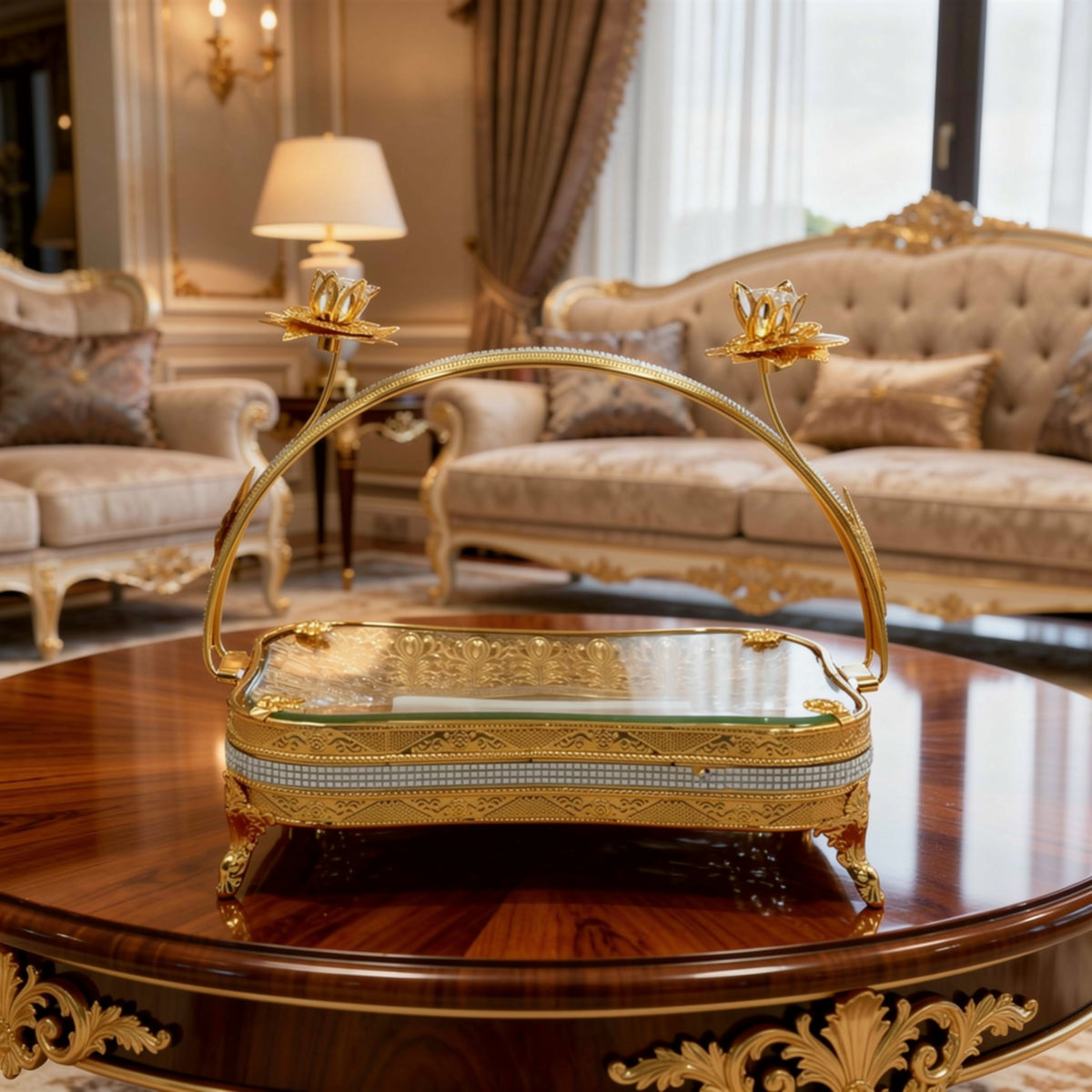 Luxury Golden Serving Platter with Handle | Decorative Metal Tray for Table Decor
