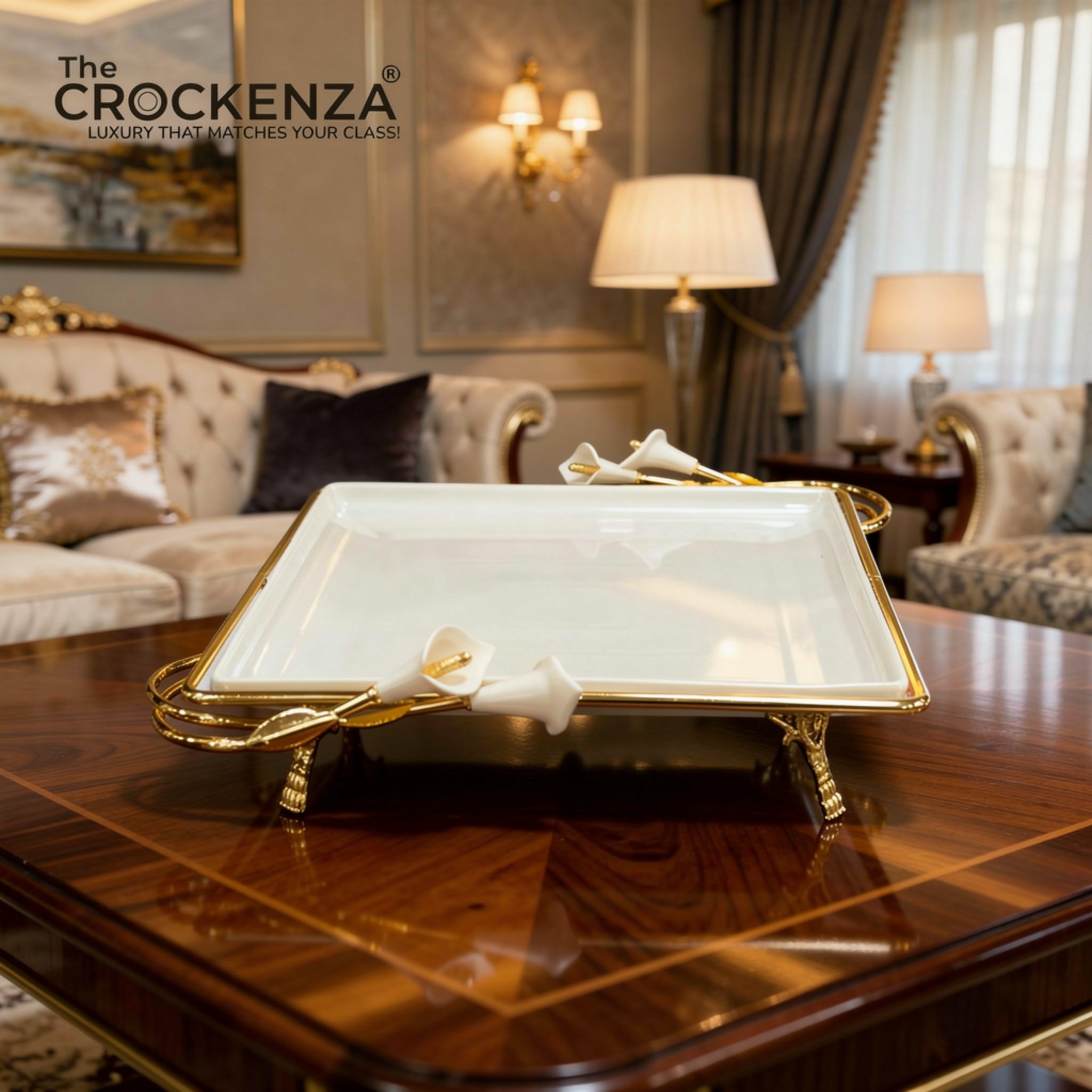 Opulent White Ceramic Square Platter with Ornate Gold Base
