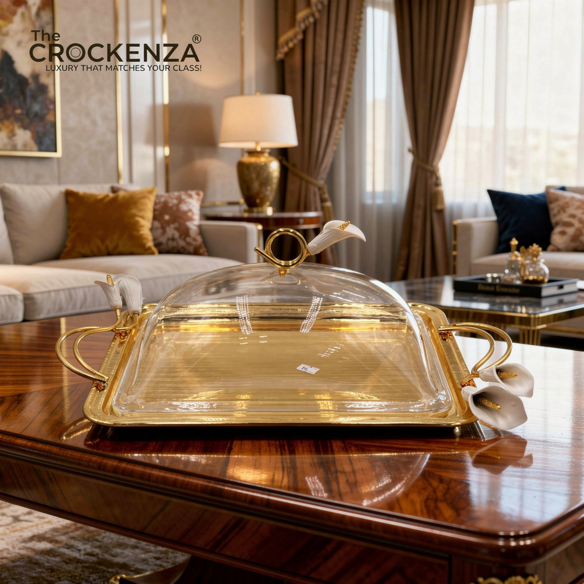 Luxury Golden Platter with Dome Lid | Imported Serving Tray with Floral Handles