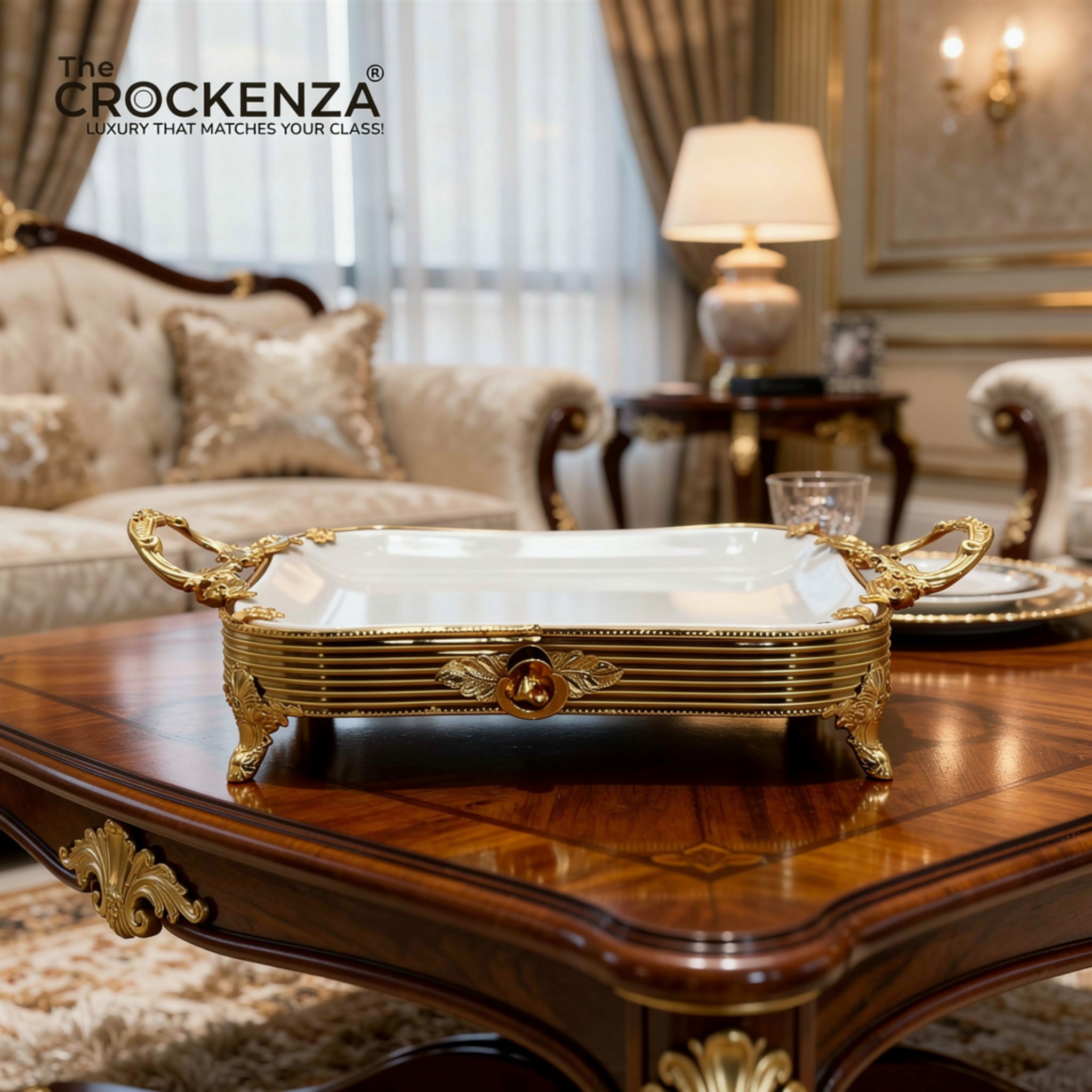 Luxury Golden Platter with Handles | Elegant Decorative Rectangular Serving Tray
